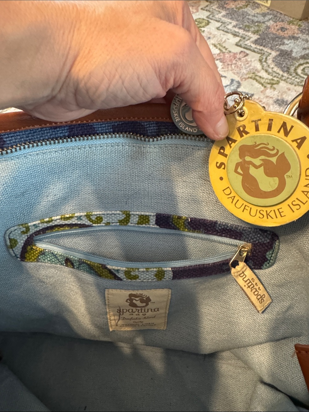 Spartina 449 Navy Floral Canvas Tote with Brown Trim and Teal Accents - Picture 3 of 7